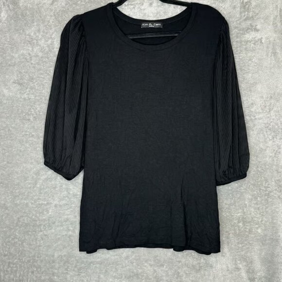 Kim & Cami M Medium Shirt Top Black Sheer Scoop Neck Puff Short Sleeve Stretch - Picture 1 of 6